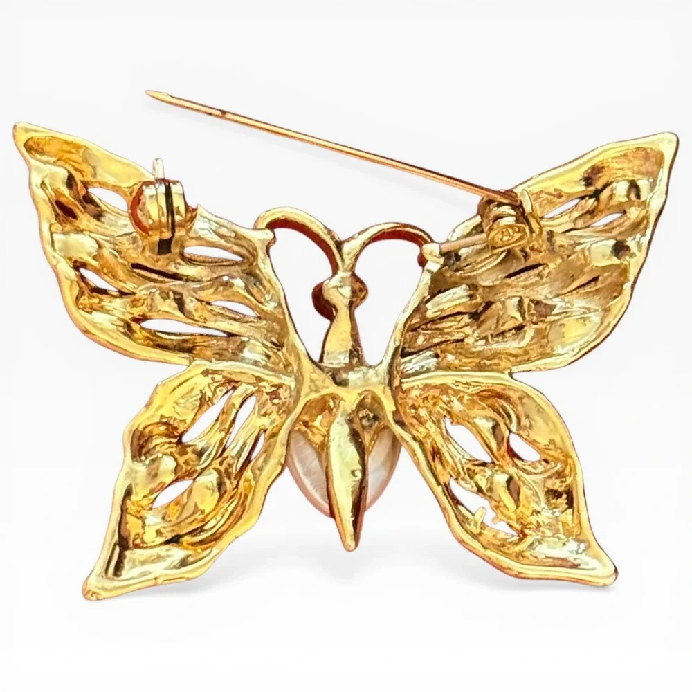 Vintage Gold Tone Multi‎ Color Enamel Butterfly Brooch Faux Pearl Accent Pin